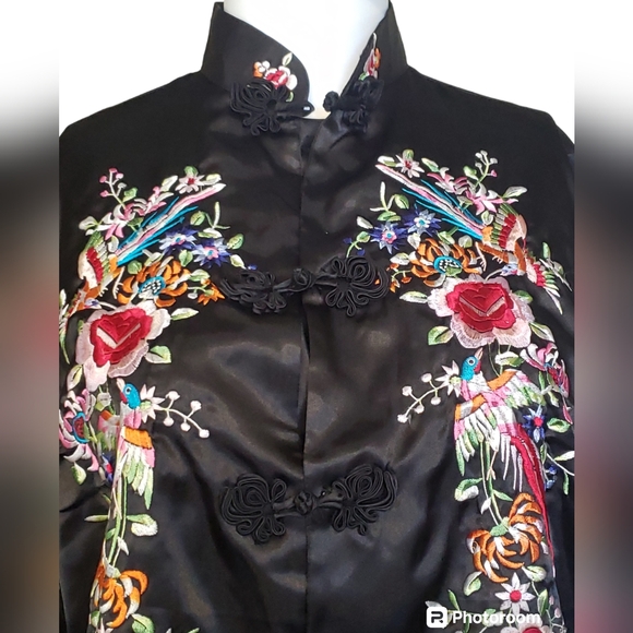 Vintage Embroidered Black Silk Satin Floral Birds Cocktail Jacket Women's Sz M - Picture 10 of 17
